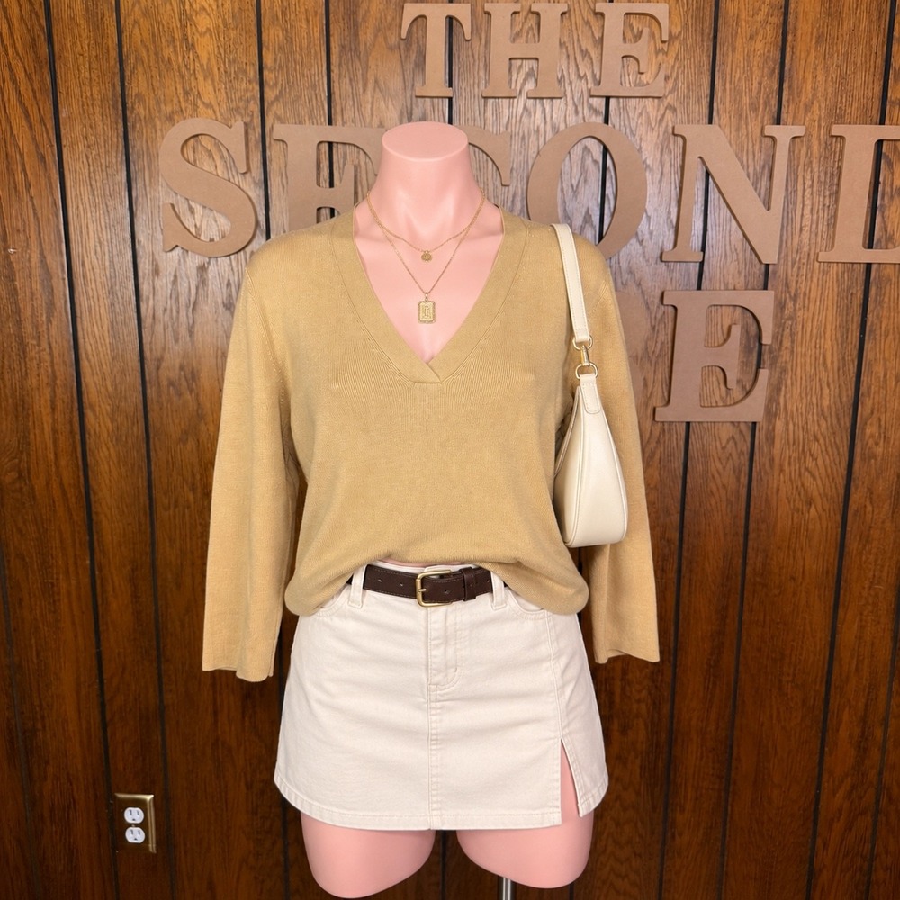 Tan Silk Blend V-Neck Sweater INC Women L 3/4 Sleeve Preppy Quiet Luxury Coastal